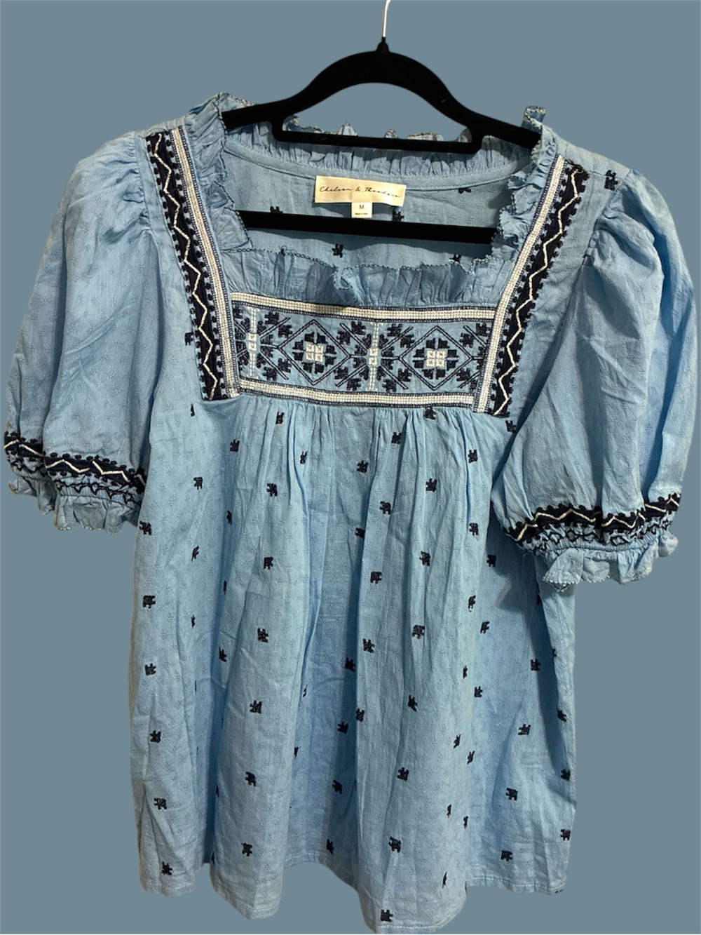 Chelsea & Theodore Sky Blue Embroidered Puff-Sleeve Peasant Top